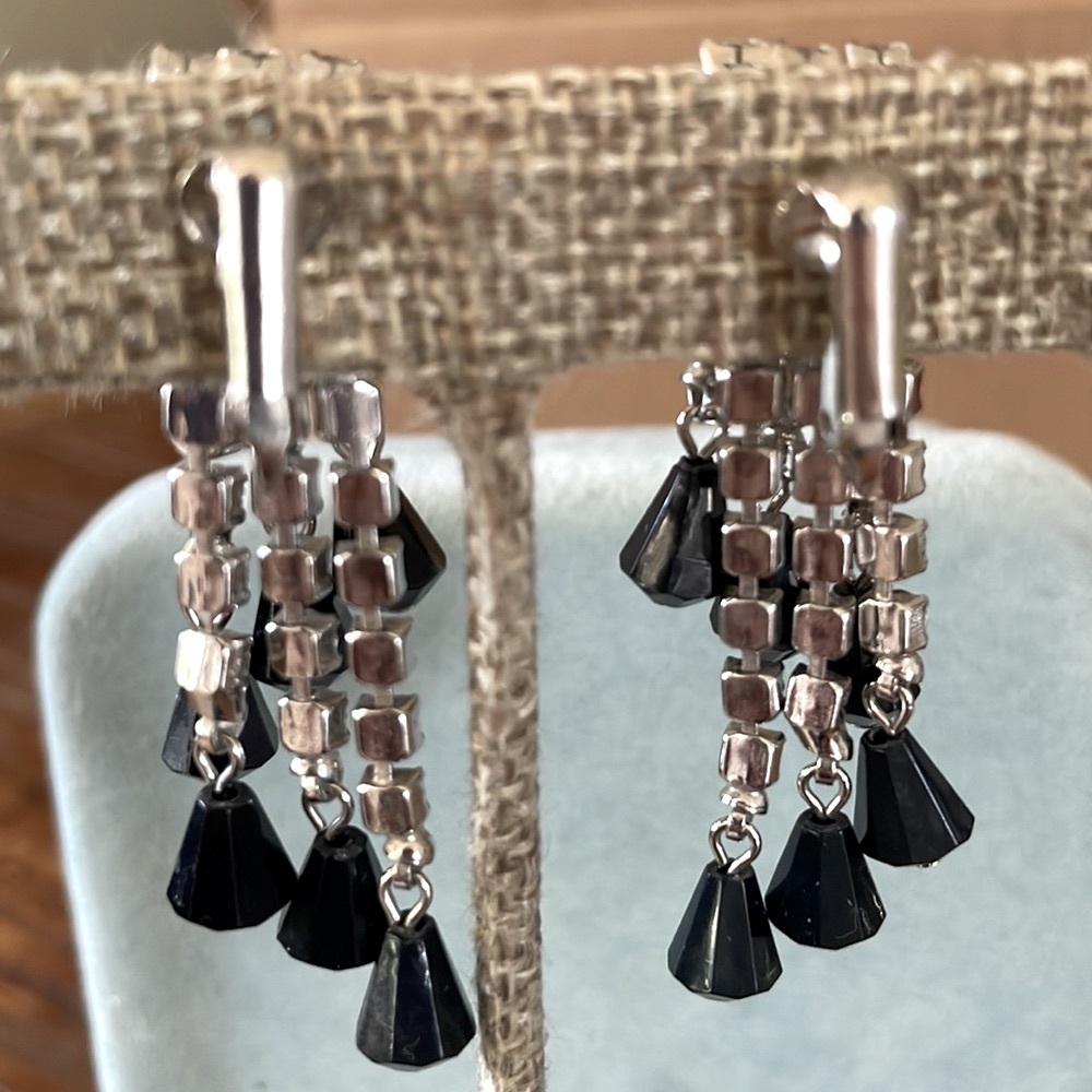 Vintage rhinestone and black beaded clip-on earrings and matching brooch